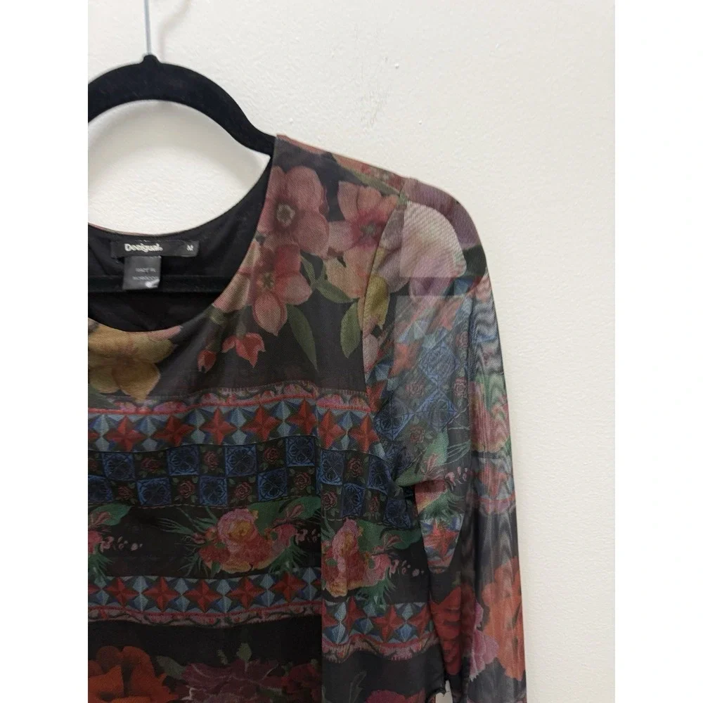Desigual Logan Floral Mesh Layered Mini Dress Size M Long Sleeve Boho Artsy